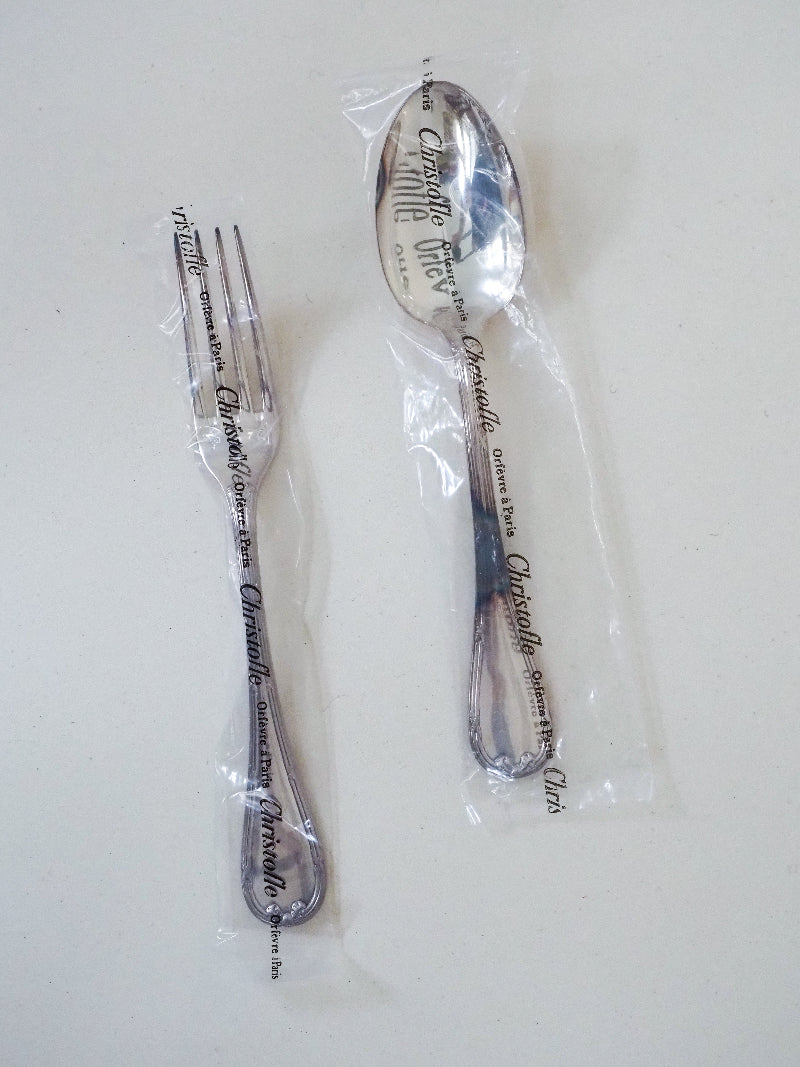 Christofle – Fourchette & Cuillère neufs en Métal Argenté – Modèle "Rubans"