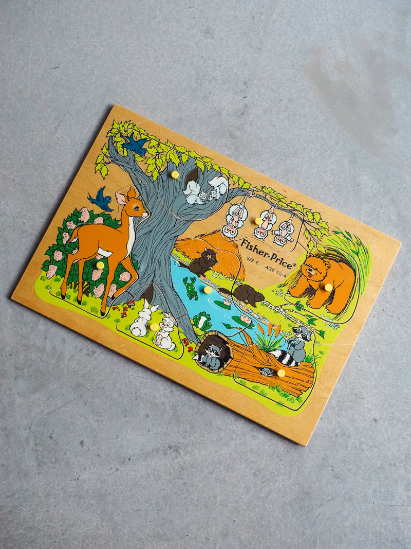 Puzzle en Bois Vintage Fisher Price – Animaux de la forêt à Emboîter
