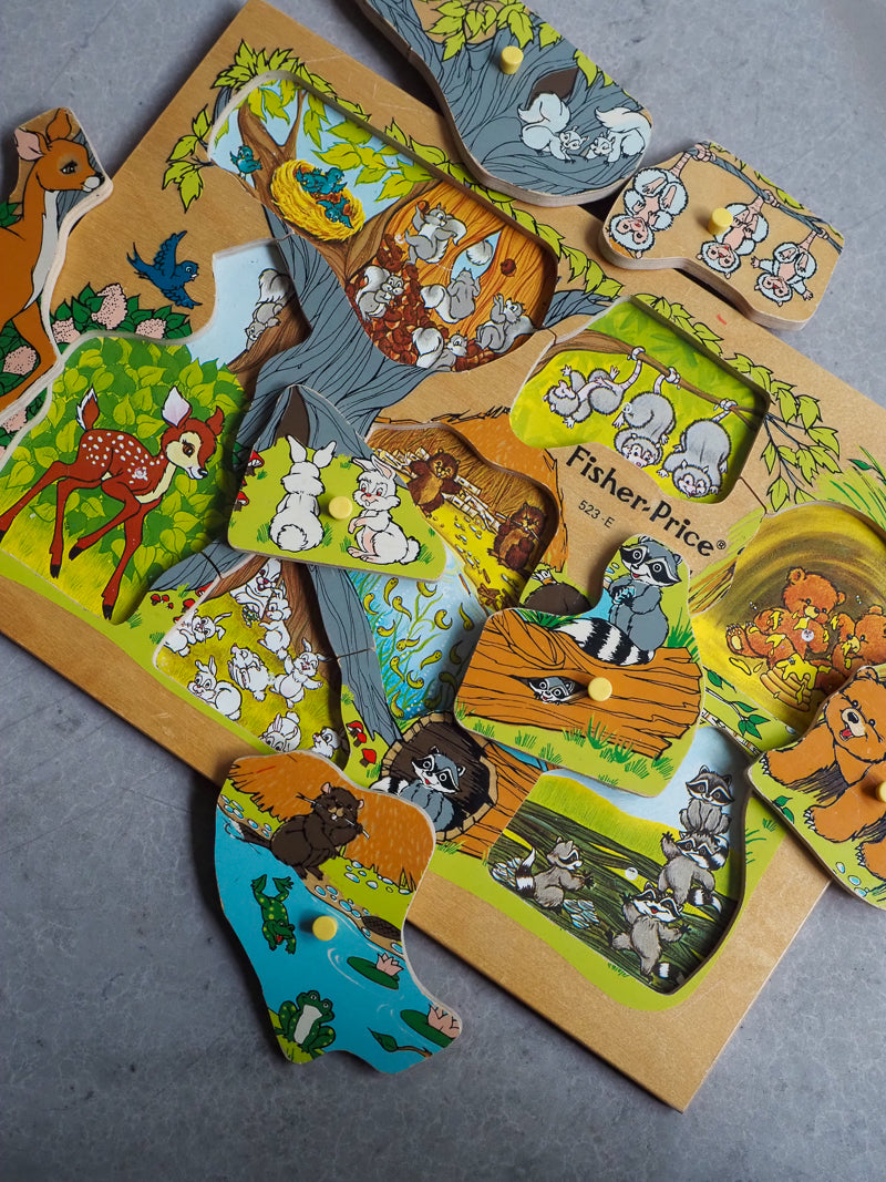 Puzzle en Bois Vintage Fisher Price – Animaux de la forêt à Emboîter