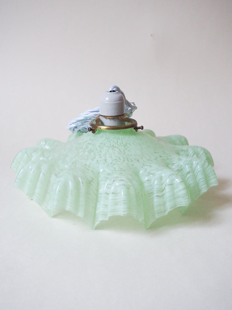 Suspension vintage verre de Clichy - forme drapé – moucheté vert + fil en tissu tosadé neuf