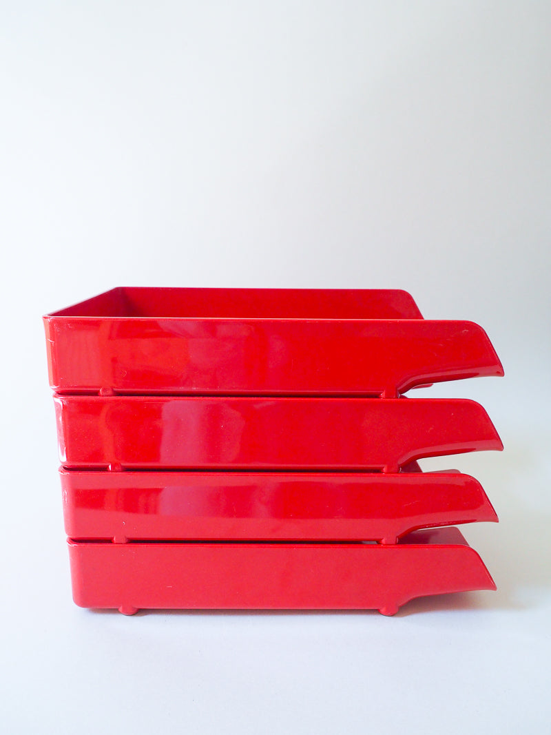 Lot de 4 corbeilles à courrier Leitz – Rouge – Design Space Age – Années 1970