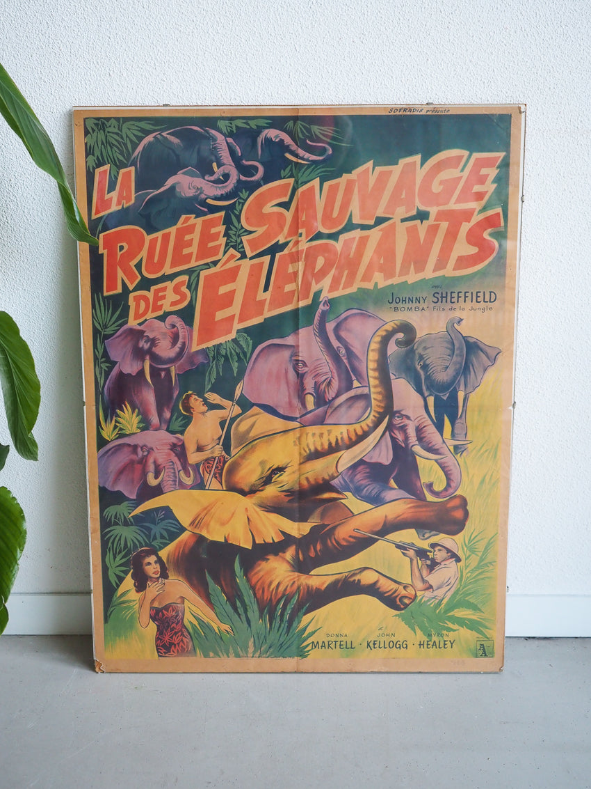 Affiche de cinéma ancienne La ruée sauvage des élephants