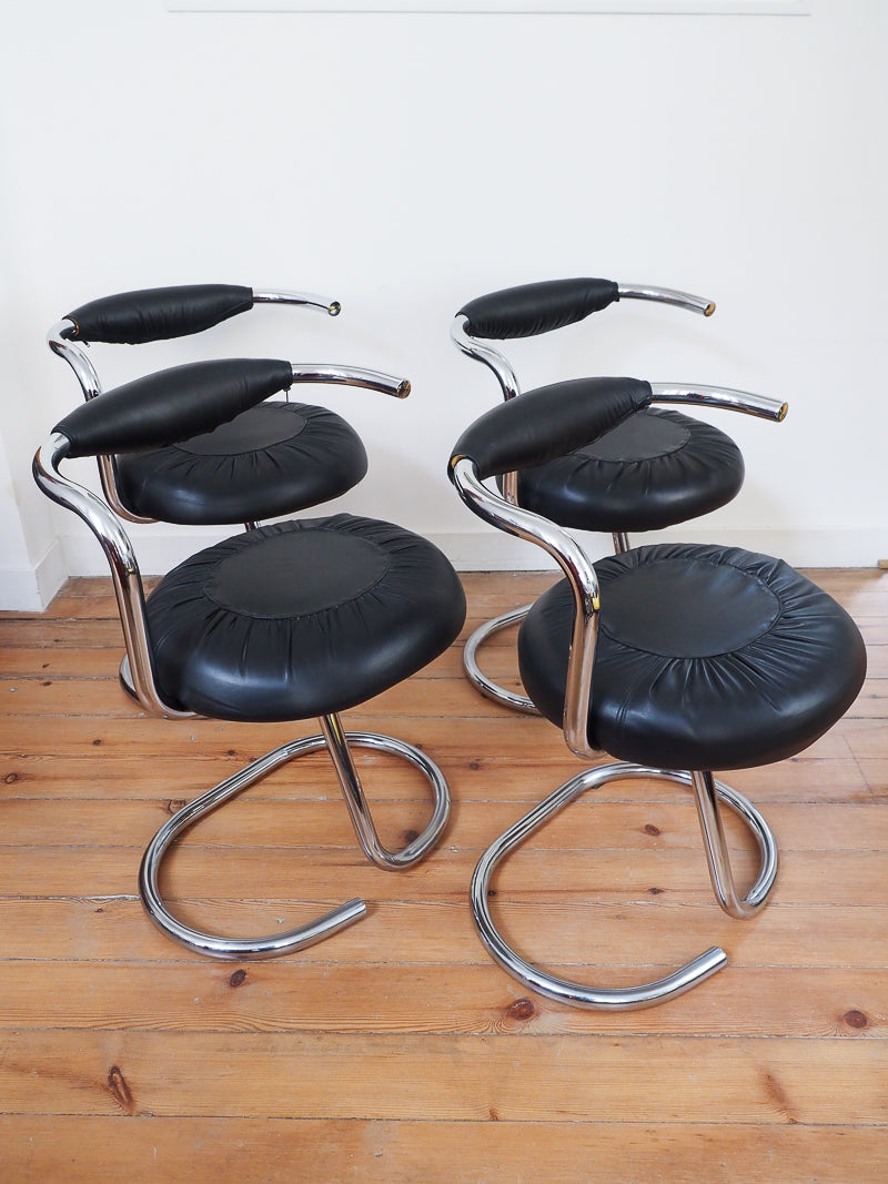 4 chaises Cobra de Giotto Stoppino – Design italien des années 70 – Cuir véritable et acier chromé