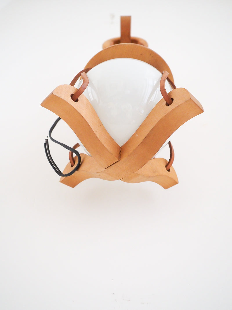 Lanterne murale vintage en bois et cuir – Style scandinave, années 60