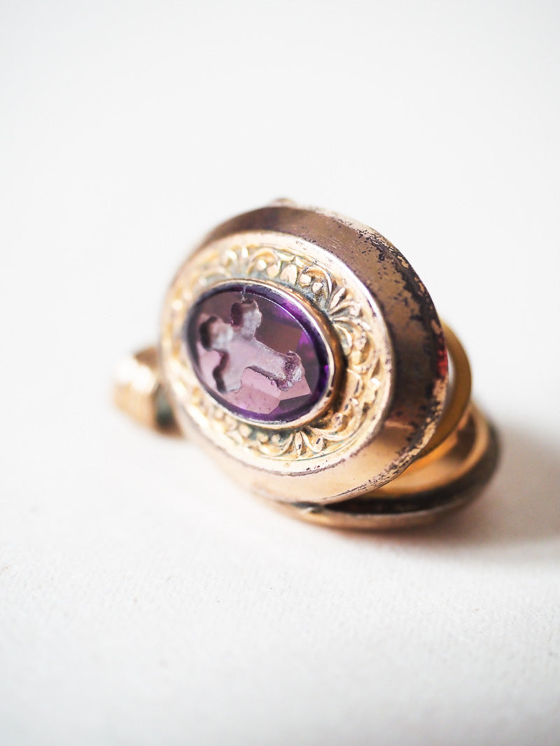 Médaillon religieux ancien qui s'ouvre pour photo – Plaqué or – Cabochon violet – Objet secret