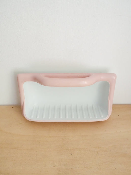 Grand porte-savon mural encastrable en opaline blanche bord rose