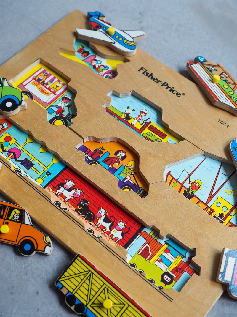 Puzzle en Bois Vintage Fisher Price – Véhicules à Emboîter
