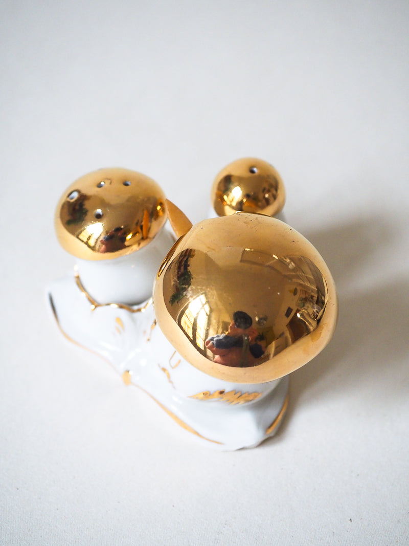 🍄 Set salière, poivrier & pot à moutarde – Champignons dorés – Porcelaine de Limoges