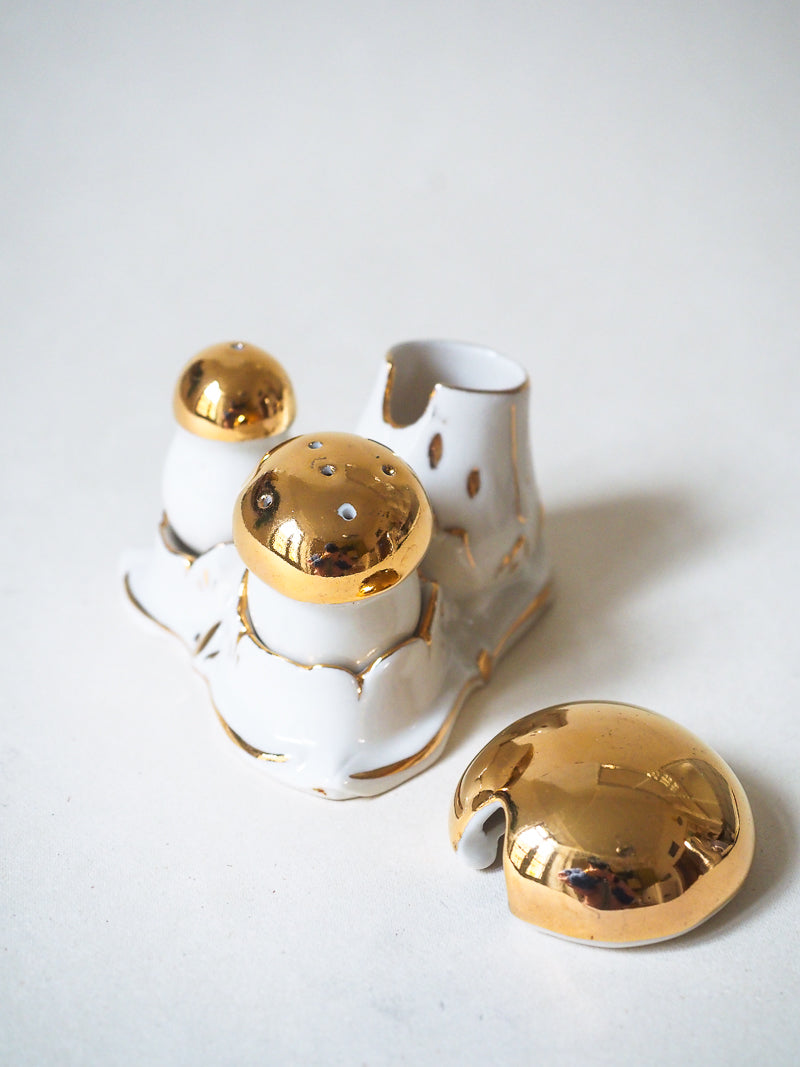🍄 Set salière, poivrier & pot à moutarde – Champignons dorés – Porcelaine de Limoges
