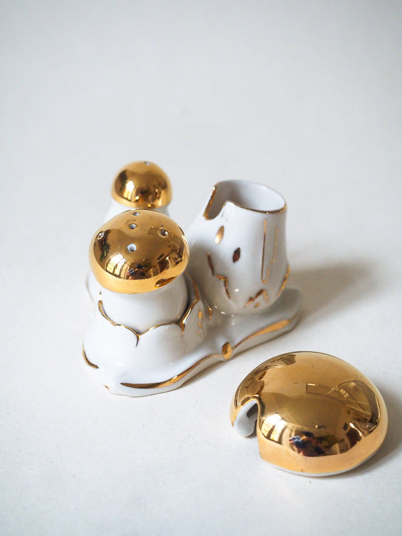 🍄 Set salière, poivrier & pot à moutarde – Champignons dorés – Porcelaine de Limoges