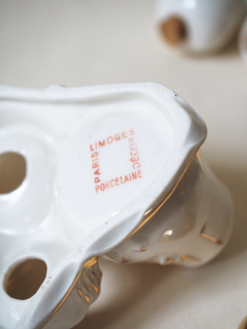 🍄 Set salière, poivrier & pot à moutarde – Champignons dorés – Porcelaine de Limoges