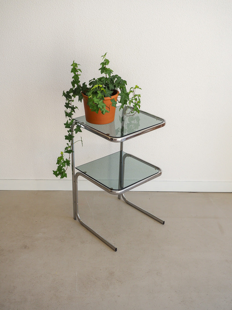 Sellette vintage en inox en et verre fumé