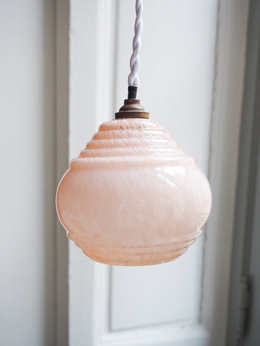 Abat-jour verre de Clichy – Moucheté rose • Douille laiton • Électricité neuve • Vintage – B22