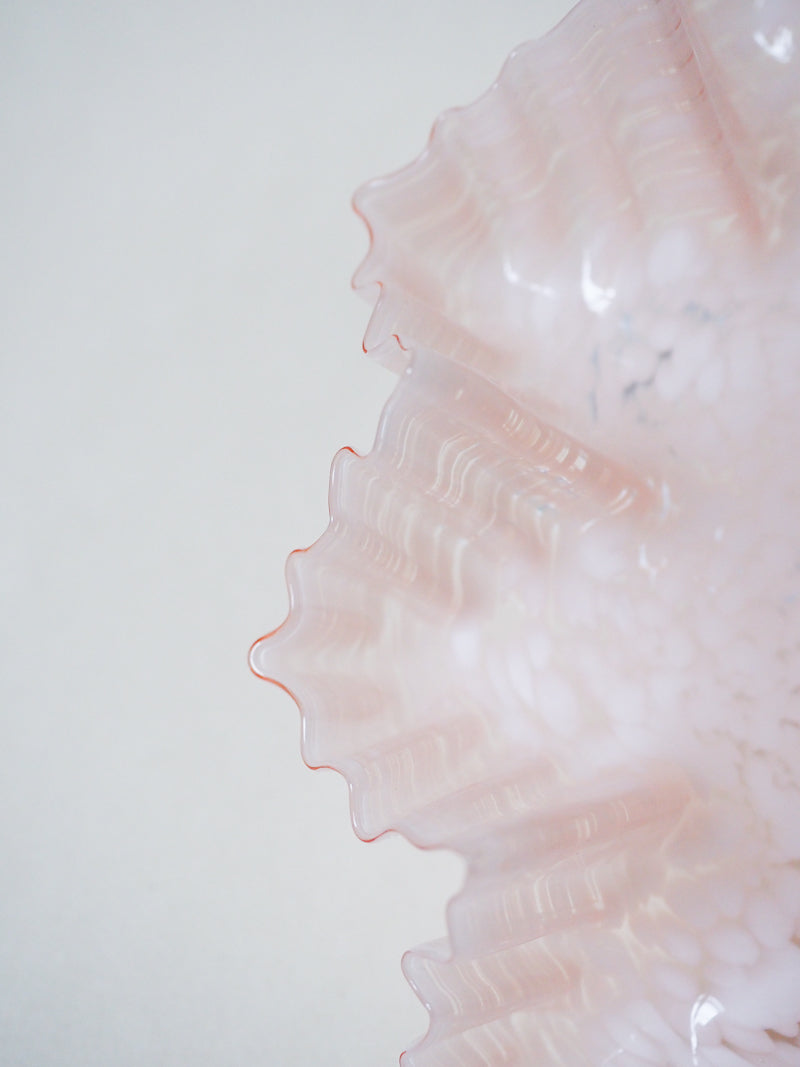 Suspension vintage verre de Clichy - forme drapé – moucheté rose + fil en tissu tosadé neuf