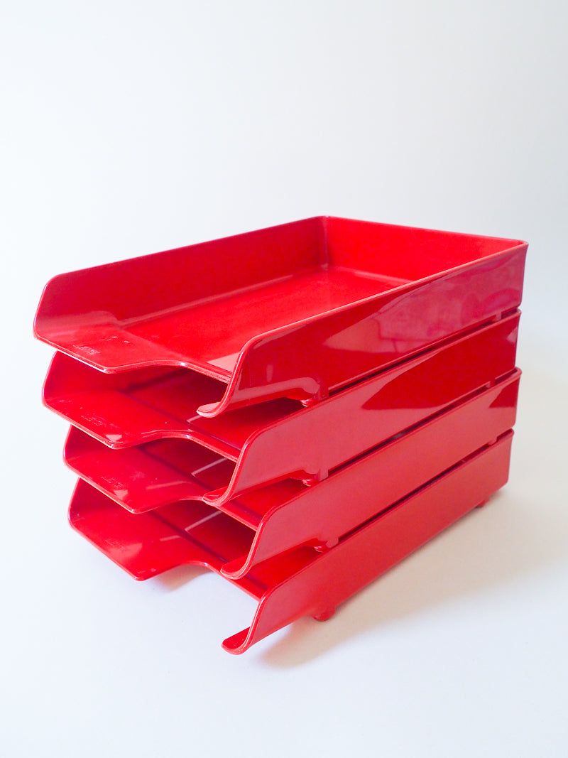Lot de 4 corbeilles à courrier Leitz – Rouge – Design Space Age – Années 1970