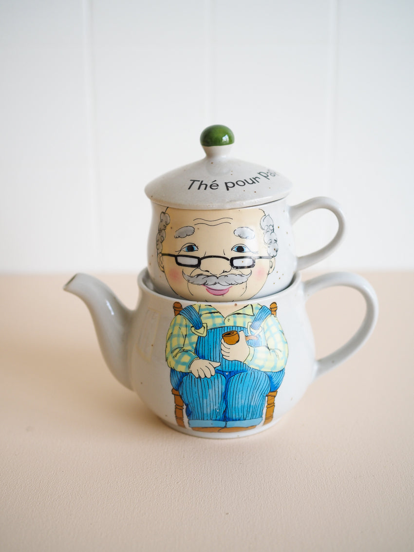 Théière individuelle vintage avec sa tasse "thé pour papi"