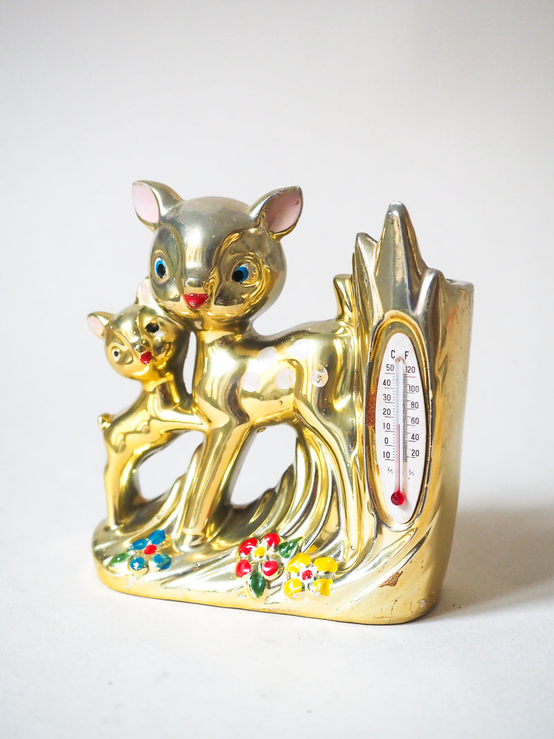 Bibelot biche & faon avec vase et thermomètre - porcelaine dorée -Japon