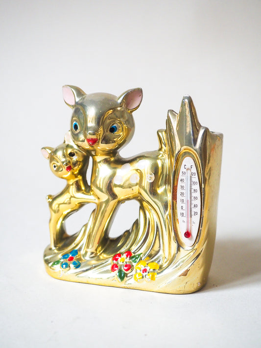 Bibelot biche & faon avec vase et thermomètre - porcelaine dorée -Japon