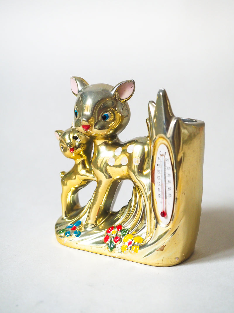 Bibelot biche & faon avec vase et thermomètre - porcelaine dorée -Japon