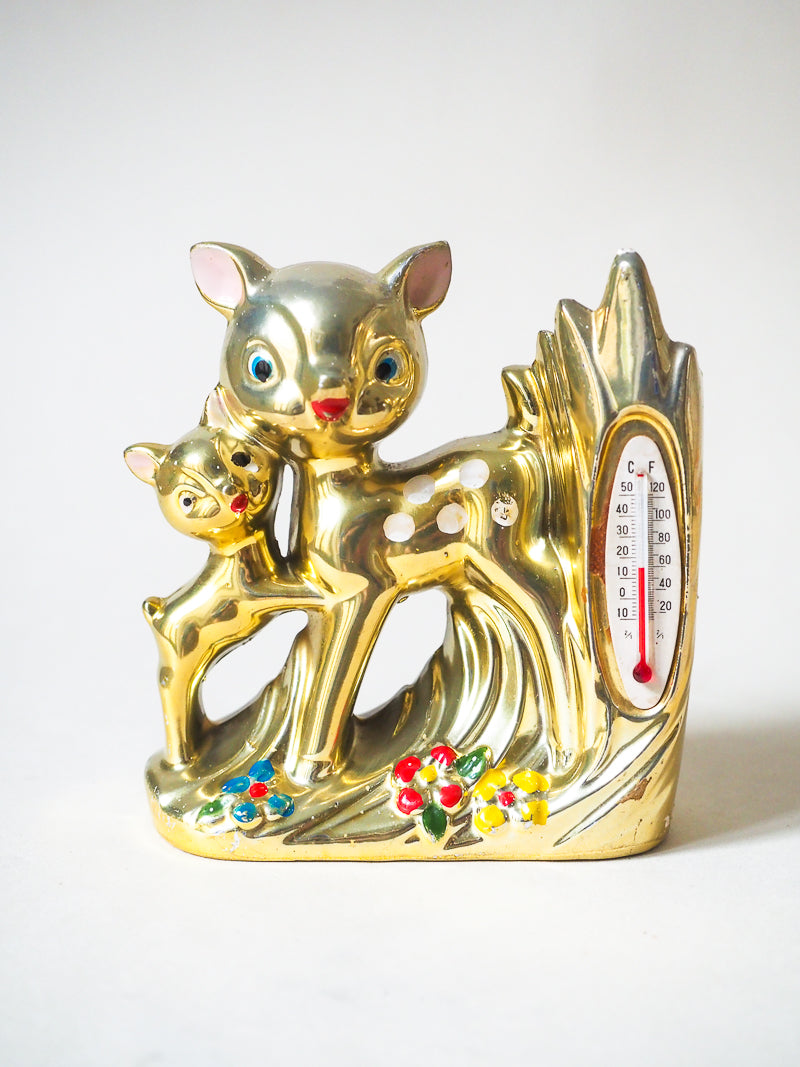 Bibelot biche & faon avec vase et thermomètre - porcelaine dorée -Japon