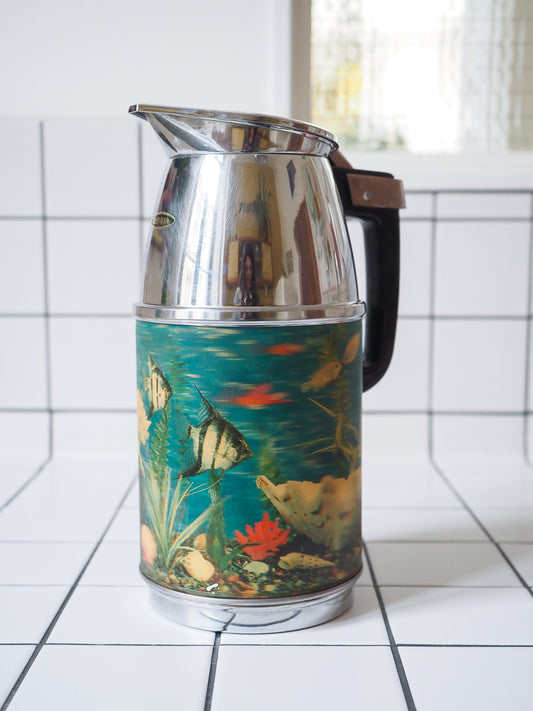 Thermos vintage Gloria 60s décor poissons – Inox & effet 3D impression lenticulaire – Rare pièce japonaise 1,8L